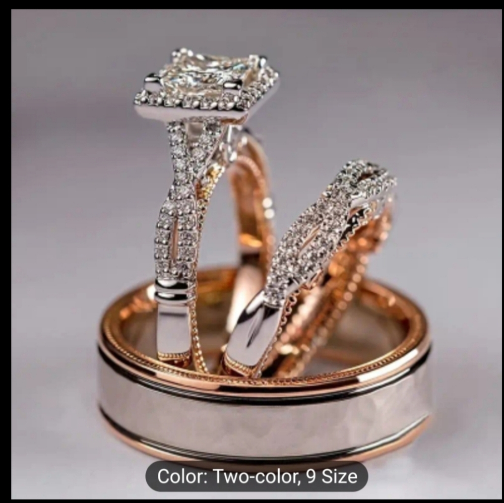 3 pc 14k Rose GP & SP Princess Cut CZ   Bride & Groom Engagement Wedding Set-9